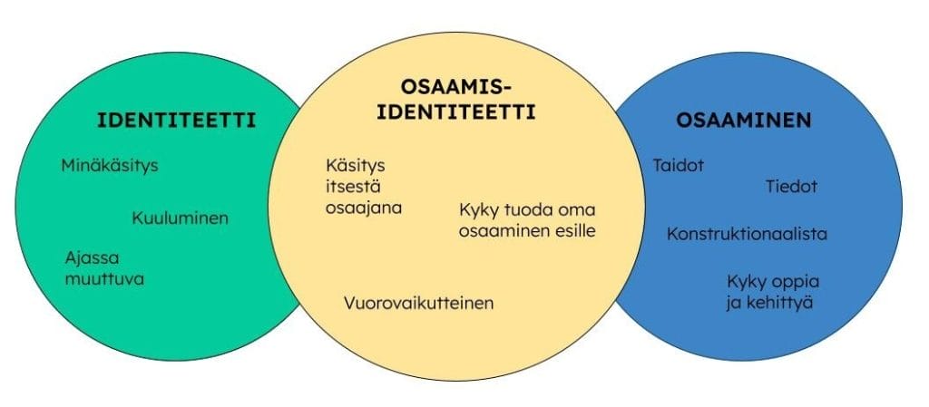 Osaamisidentiteetti rakentuu käsityksestä itsestä osaajana ja kyvystä tuoda oma osaaminen esille. Se syntyy identiteetin ja osaamisen vuorovaikutuksessa.