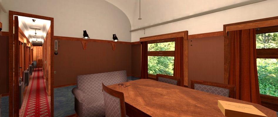 Tietokoneella tehty 3D-mallinnus Mannerheimin salonkivaunun sisätiloista. Etualalla on salongin puinen pöytä tuoleineen ja taustalla ikkunoita ja pitkä, punaisella matolla varustettu käytävä.