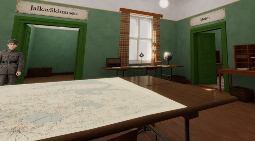 3D-grafiikan avulla luotu 1940-luvun tyylinen huone. Etualalla on pöytä, jossa on kartta. Vasemmalla seisoo sotilasasussa oleva opashahmo, ja taustalla näkyy kaksi oviaukkoa, joiden yläpuolella ovat kyltit Jalkaväkimuseo ja Muisti.