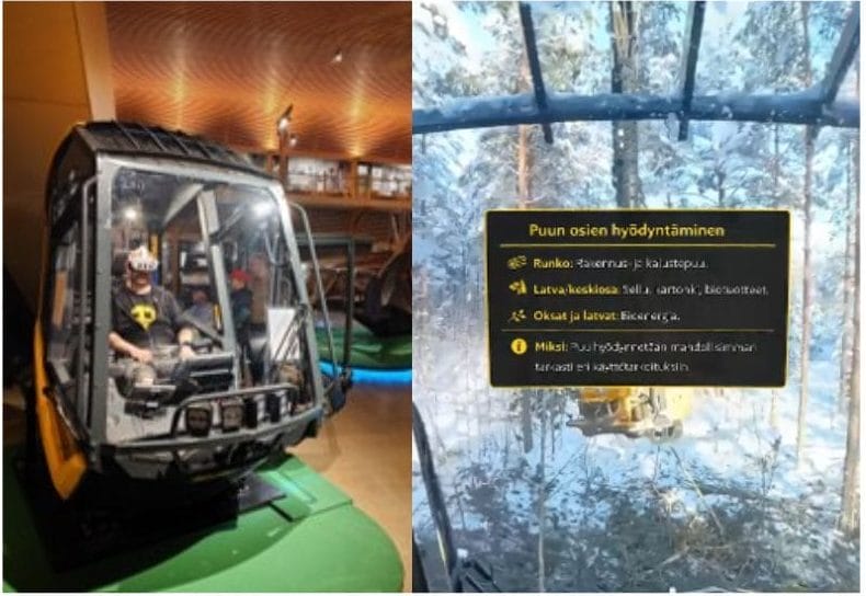 Kaksi vierekkäistä kuvaa museon näyttelypisteestä. Vasemmalla museovieras istuu metsäkoneen ohjaamossa VR-lasit päässään. Oikealla on VR-näkymä, jossa lumisessa metsässä näkyvän tietolaatikon otsikkona on Puun osien hyödyntäminen.